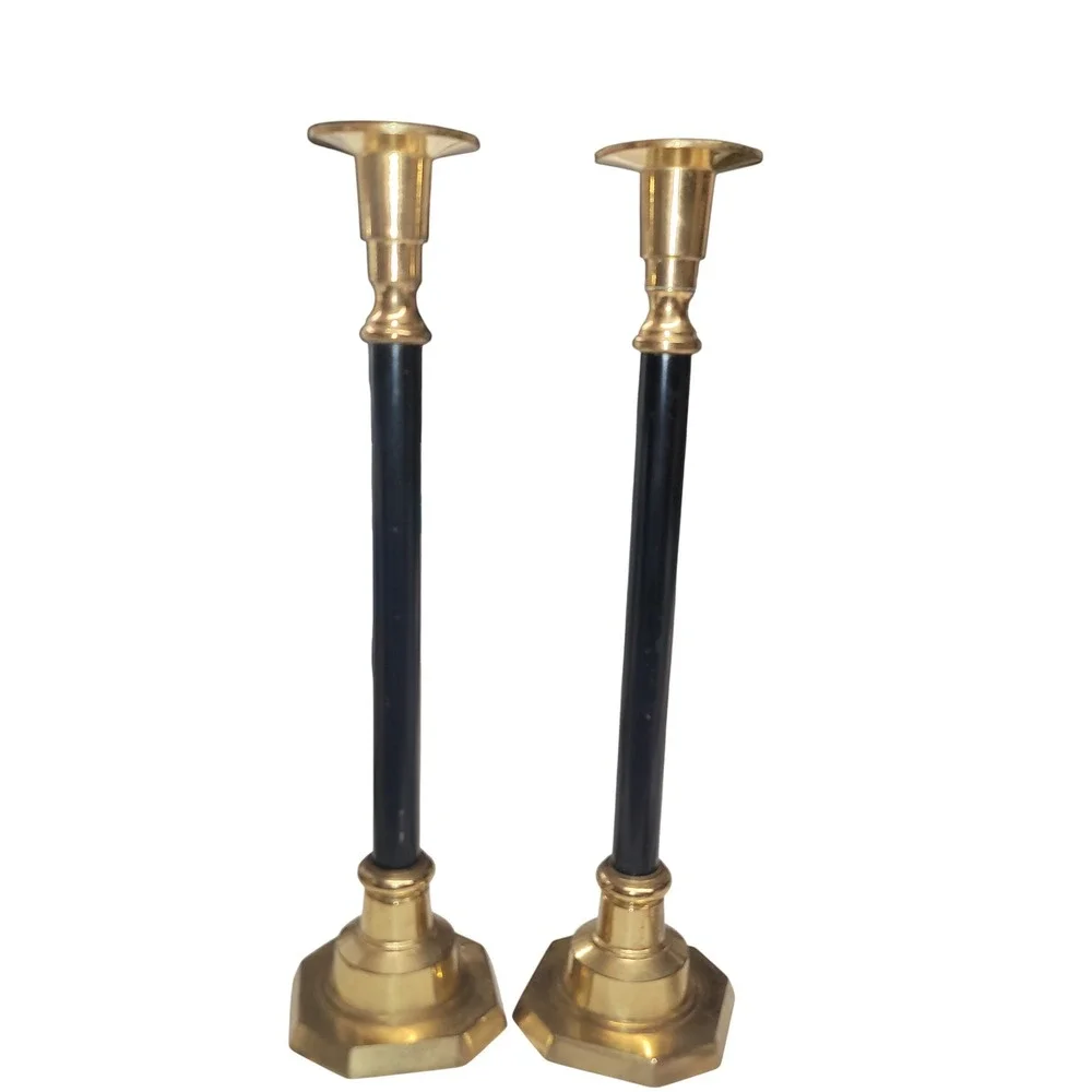 Vintage‎ Brass and Black Column Candlestick Holders Set of 2 Octagonal Base 12in